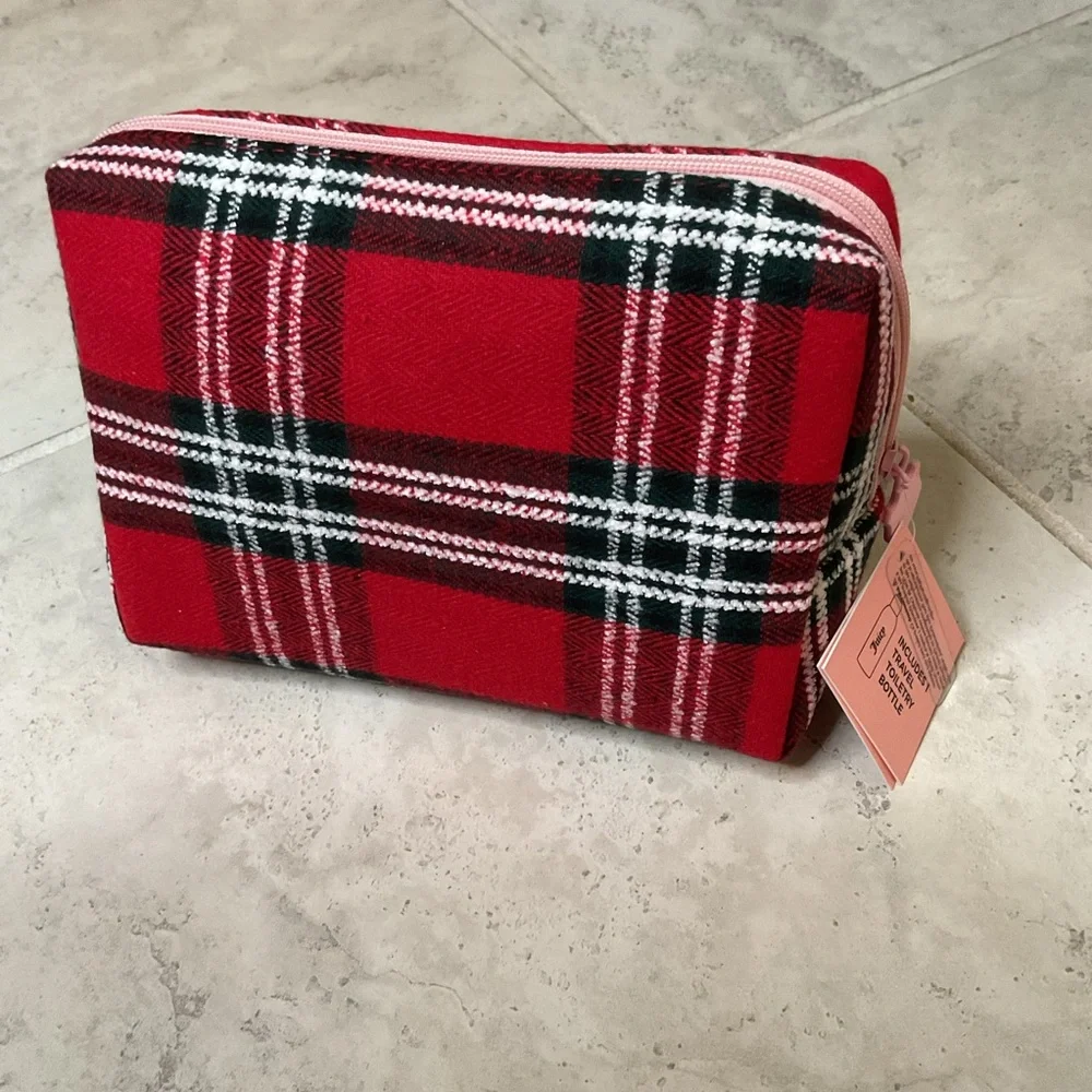 Juicy Couture Red Plaid Zip Cosmetic Pouch with Pink Logo NWT